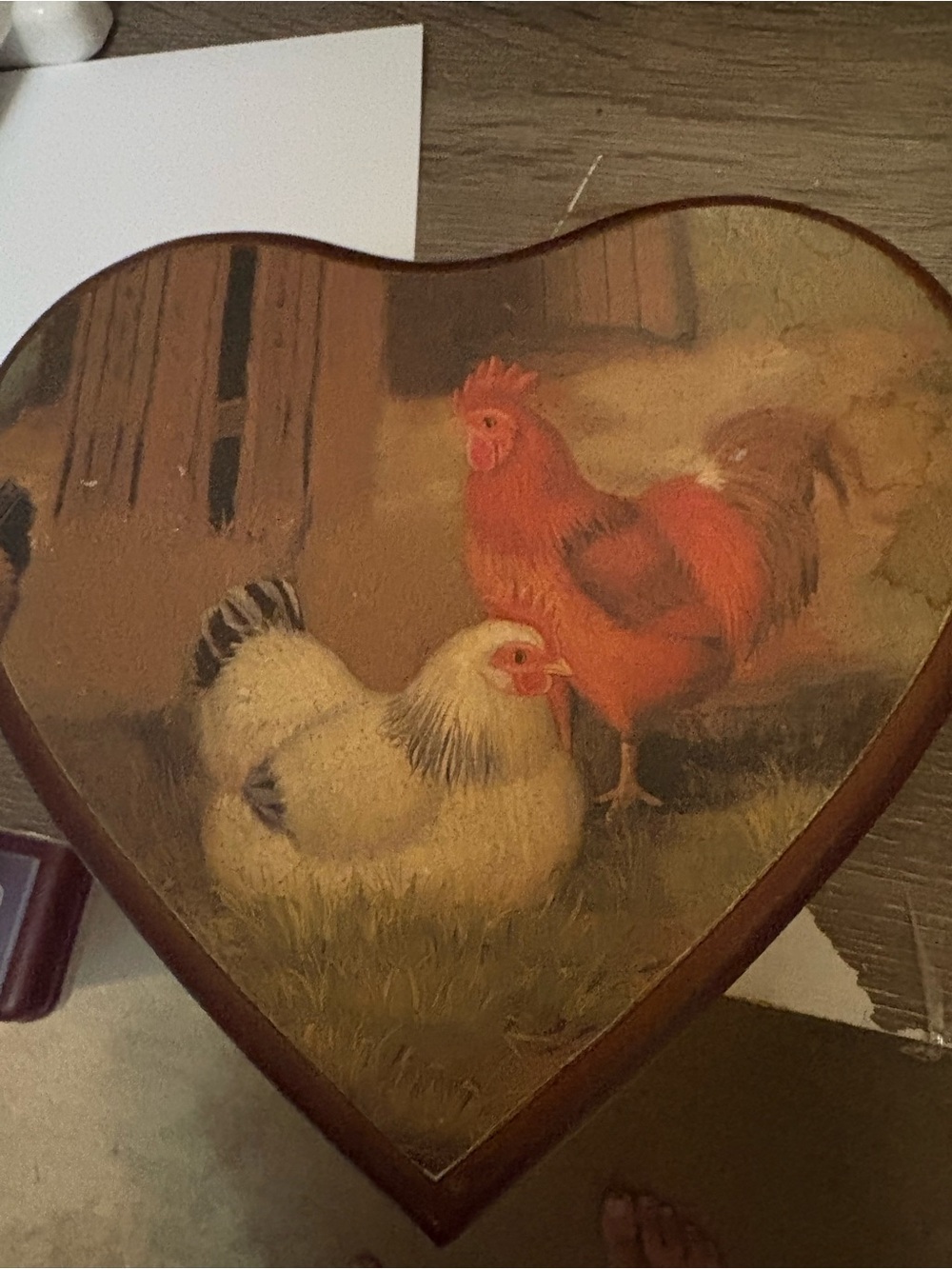 Heart-Shaped Rooster & Hen Wall Art in Brown Frame